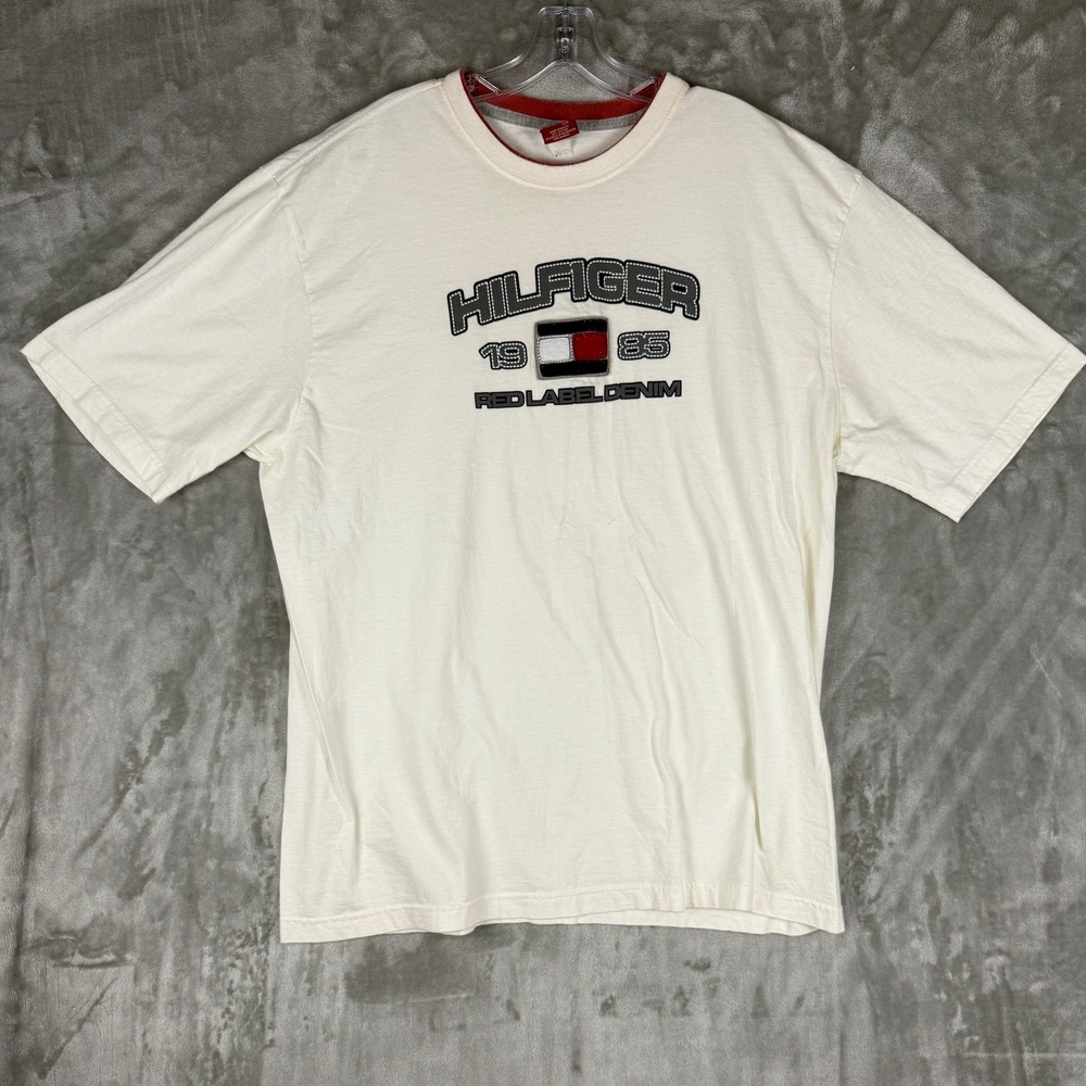 Tommy Hilfiger Red Label Denim T Shirt Mens Large White 1985 Graphic Tee